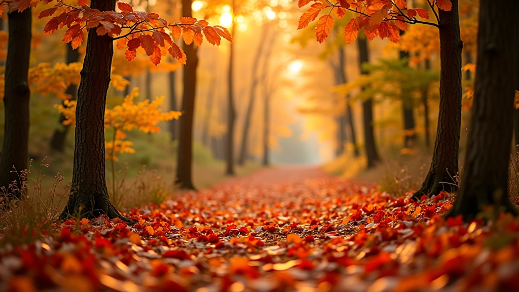 Rudens spalvos medžiai ir sausos lapijos ant žemės, oranžinės ir raudonos spalvos šviesa šildomoje gamtoje
