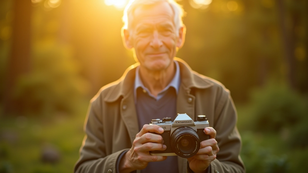 Senjoras su fotoaparato aukštoje žalioje aplinkoje