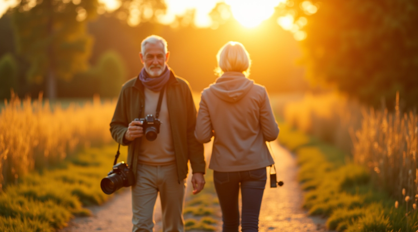 Pensininkų pora fotografuojanti gamtą Lietuvos kraštovaizdyje