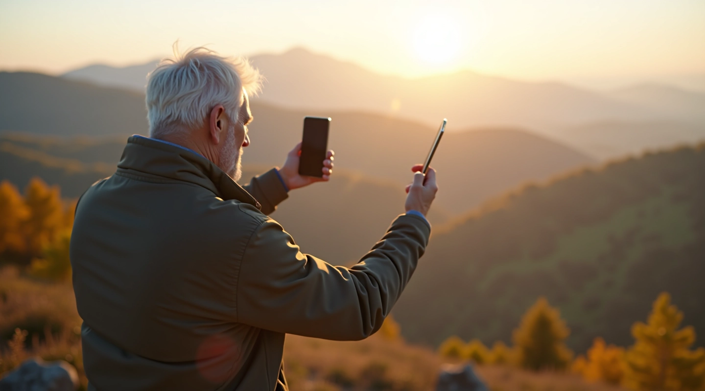 Senyvo amžiaus žmogus fotografuoja gamtą lauke su išmaniuoju telefonu