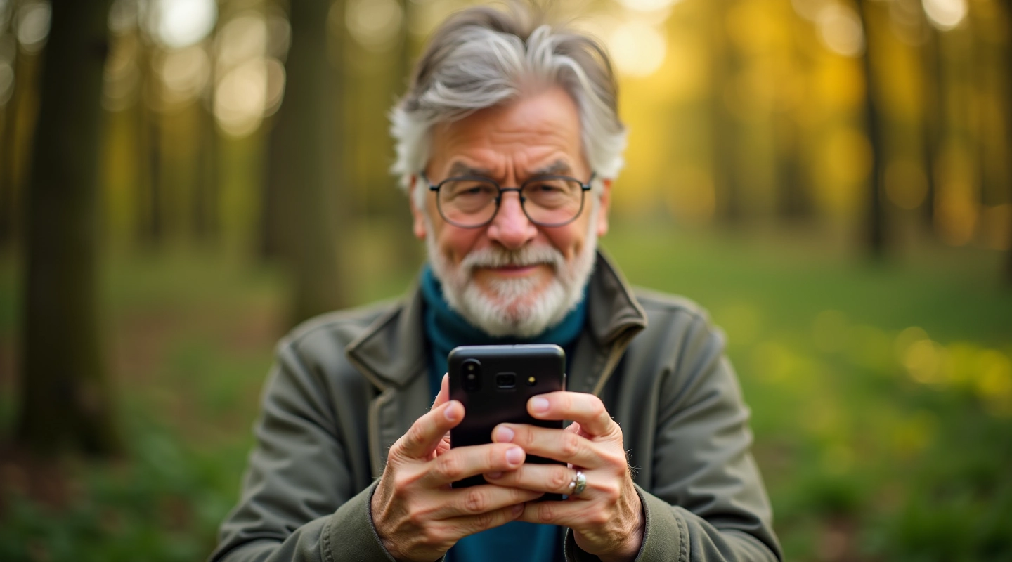 Senjoras fotografuoja gamtos peizažą su išmanaus telefono fotoaparatu lauko aplinkoje